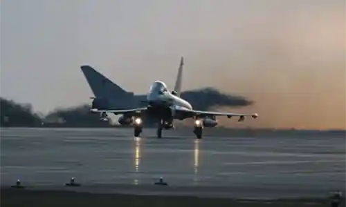 Two Italian Eurofighter Typhoons take off for a night mission during Exercise Pitch Black 2024  Image credit: Nigel Pittaway Photos, ADM website